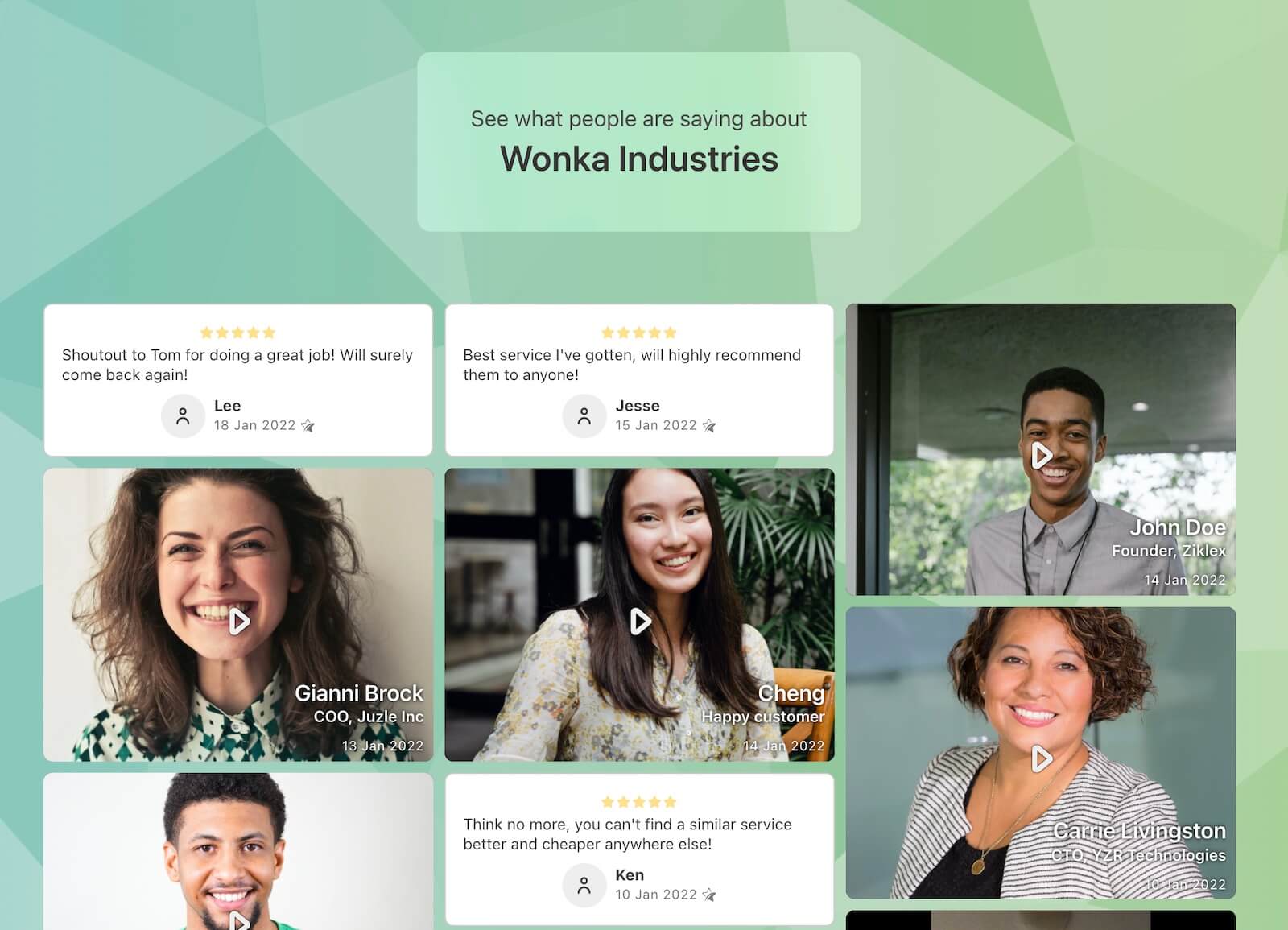 Example of Ravely wall of love showcasing 3 text reviews and 5 video reviews