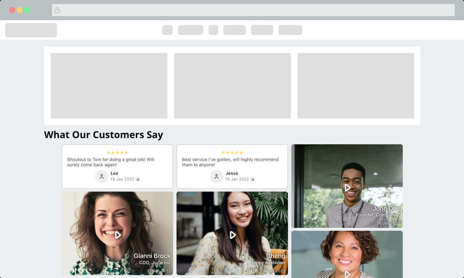 Browser window showing a website with Ravely wall widget embedded within and showing some reviews